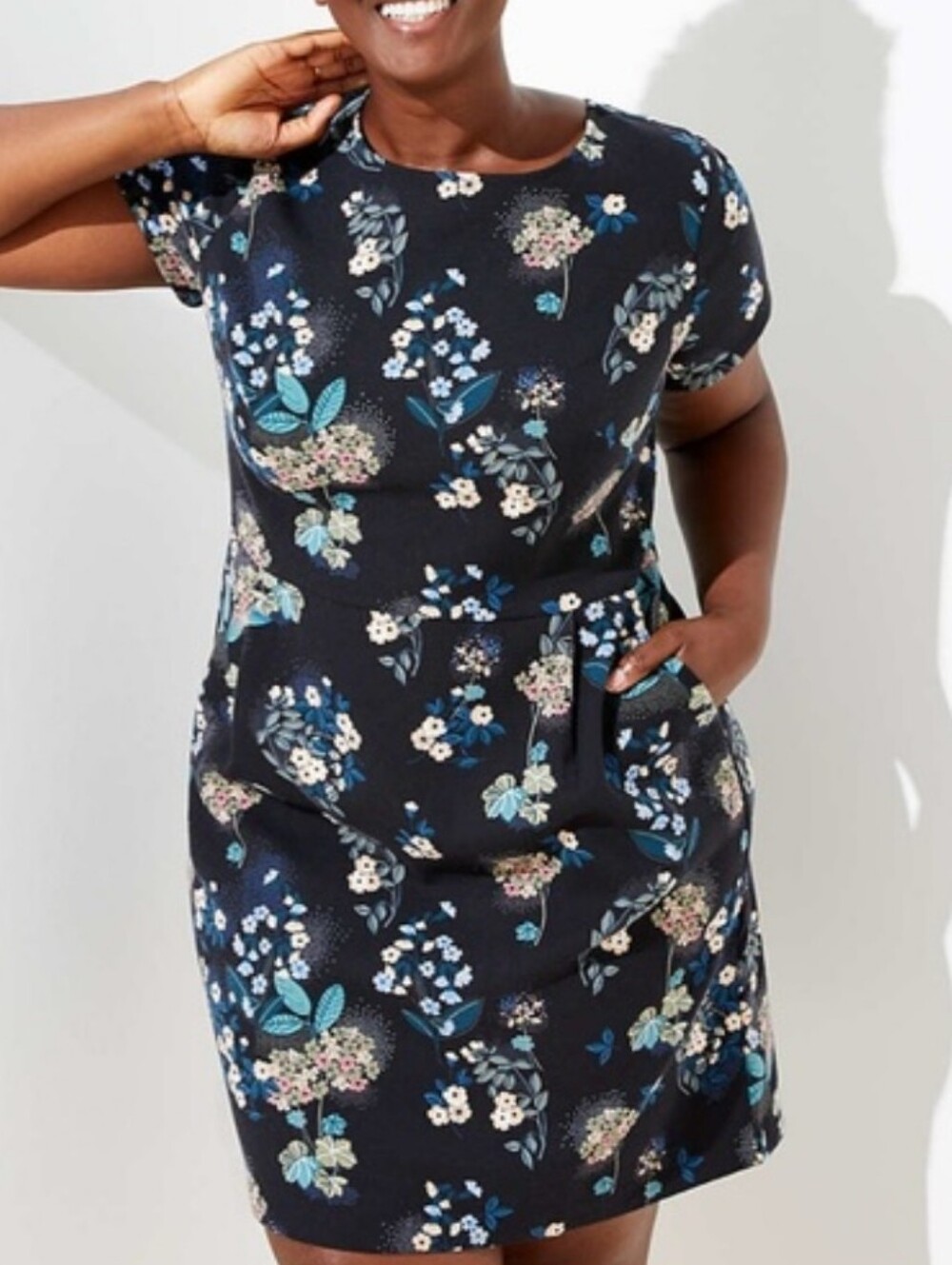 LOFT Black Floral Short-Sleeve Mini Dress